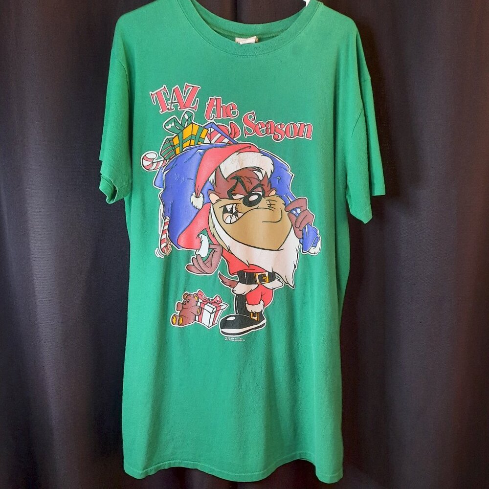 Vintage 90s Looney Tunes Women's Long Sleep Shirt OSFA Christmas Taz the Season